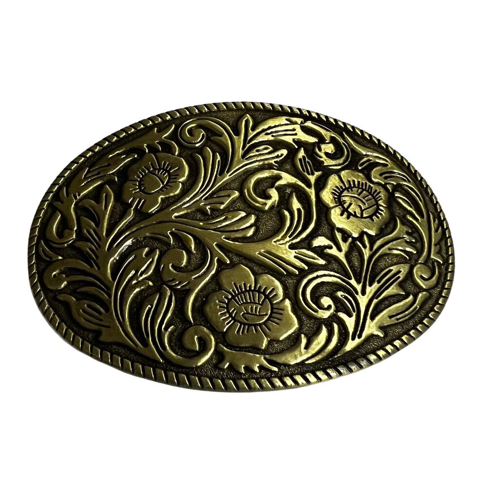 NEW Filigree Floral Oval Unisex Brass Belt Buckle 4" x 2.75"